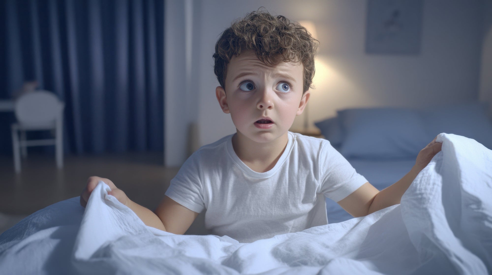 Concerned child holding a wet bedsheet after bedwetting – Oopsie Heroes helps kids wake up dry and confident.