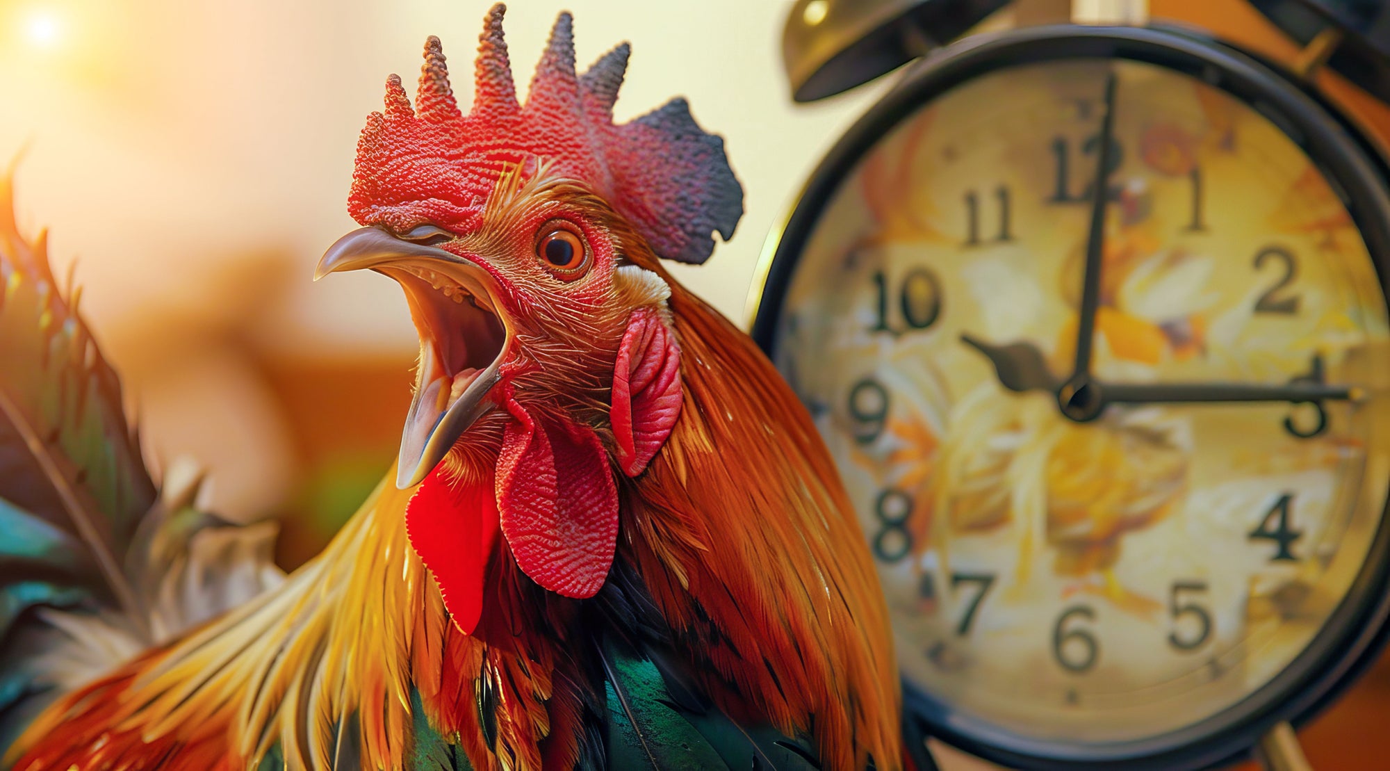 A rooster standing in front of a clock with its beak open, symbolizing a loud alarm. Concept representing how deep sleep affects bedwetting and why a voice-based bedwetting alarm like Oopsie Heroes is more effective for children.