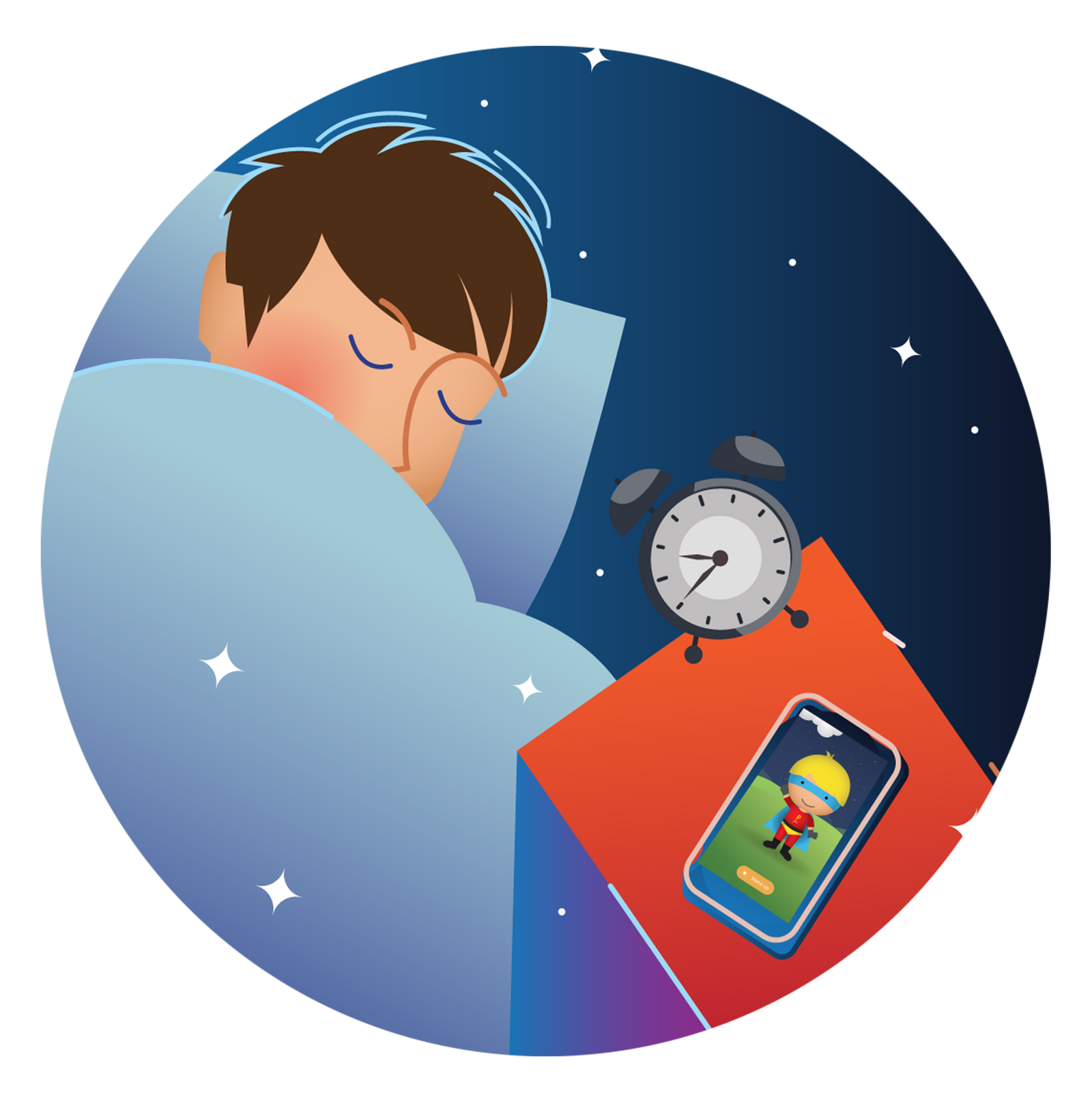 Illustration of a sleeping child with the Oopsie Heroes bedwetting alarm app open on a mobile device, highlighting how the smart sensor helps train kids for dry nights.