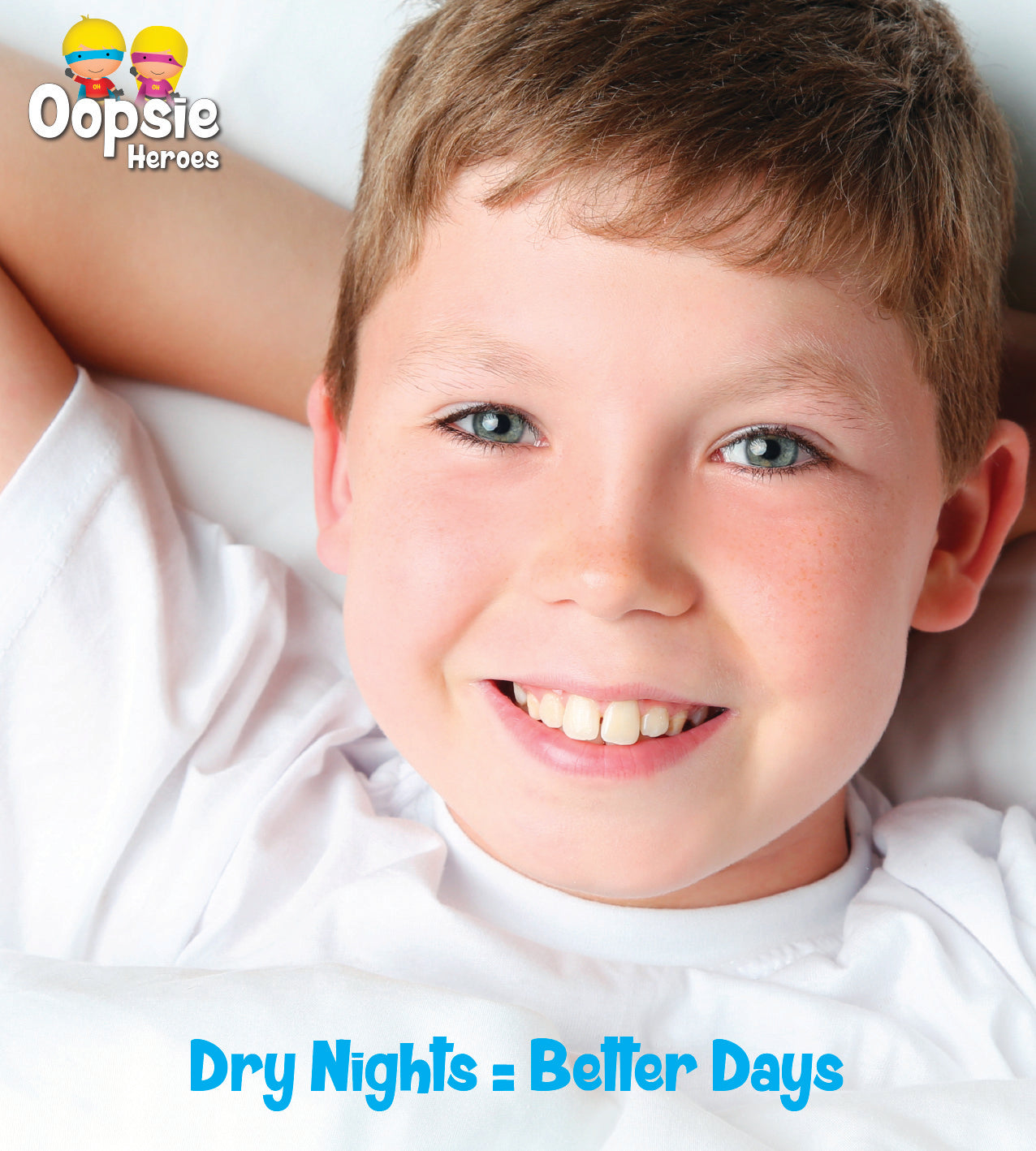 Confident young boy sitting in bed smiling, feeling proud after a dry night with Oopsie Heroes Plus bedwetting alarm.