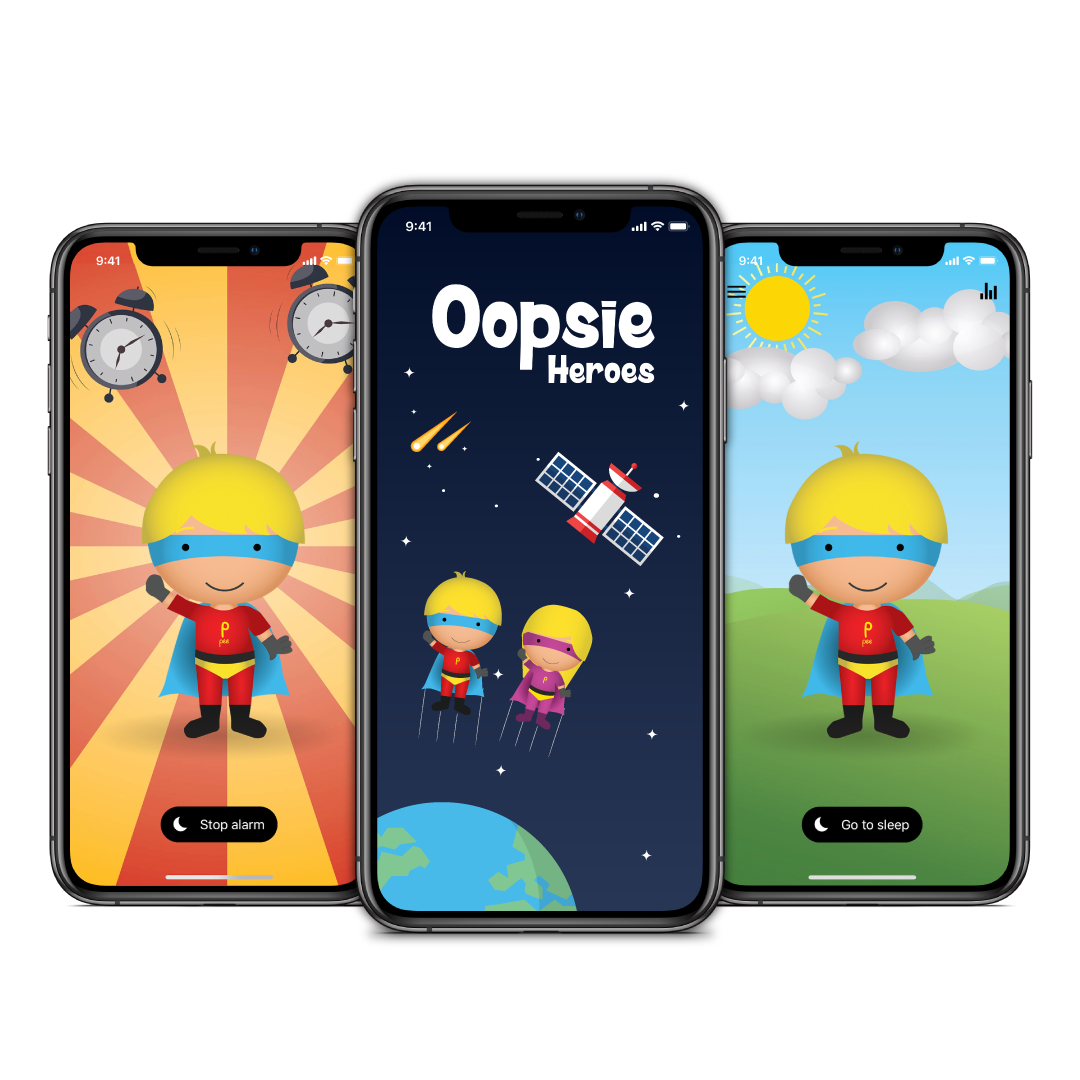 Close-up of a smartphone displaying the Oopsie Heroes app, featuring tracking, rewards, and parent voice alarm options to support bedwetting training.